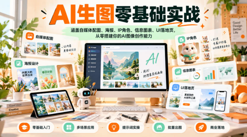 AI生图零基础实战,涵盖自媒体配图、海报、IP角色、信息图表、UI落地页,从零搭建你的AI图像创作能力