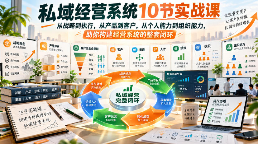 私域经营系统10节实战课,从战略到执行,从产品到客户,从个人能力到组织能力,助你构建经营系统的整套闭环